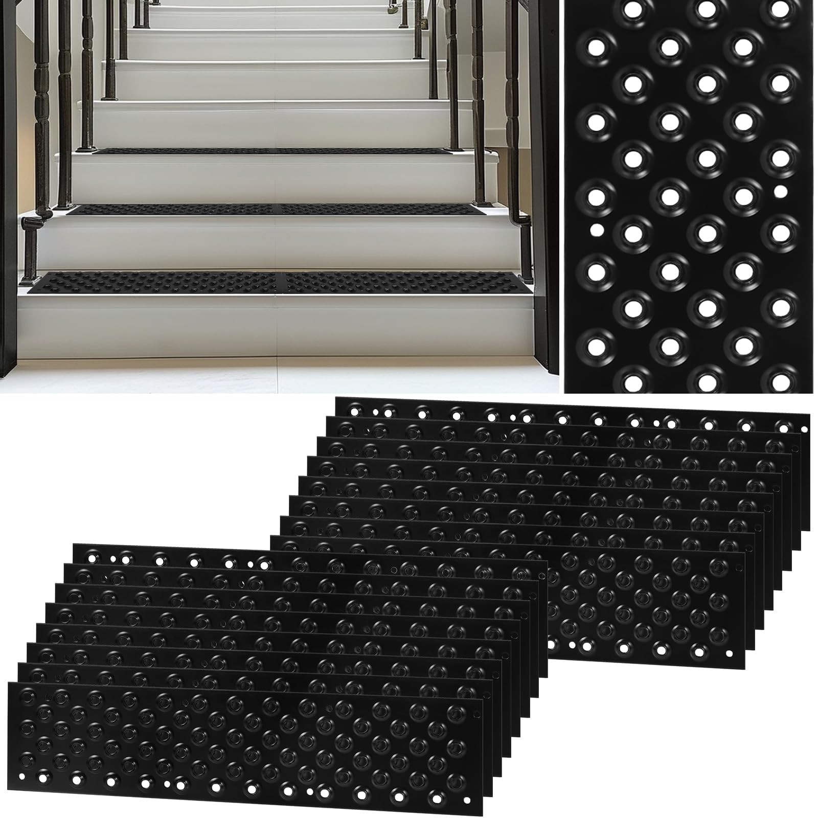 Photo 1 of 16 Pack Non Slip Aluminum Stair Tread,16 x 3.75 Inch Aluminum Anti-Slip Stair Strip with Screws,Anti Slip Outdoor Stair Treads Coated Black,Metal Stair Nosing Stair Treads for Wooden Ramp Deck Steps