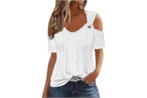 JXSOYEN Eyelet Tops for Women Casual Notched V Neck Tops Summer Cold Shoulder Blouse Tunic Tops for Leggings Going Out 2024