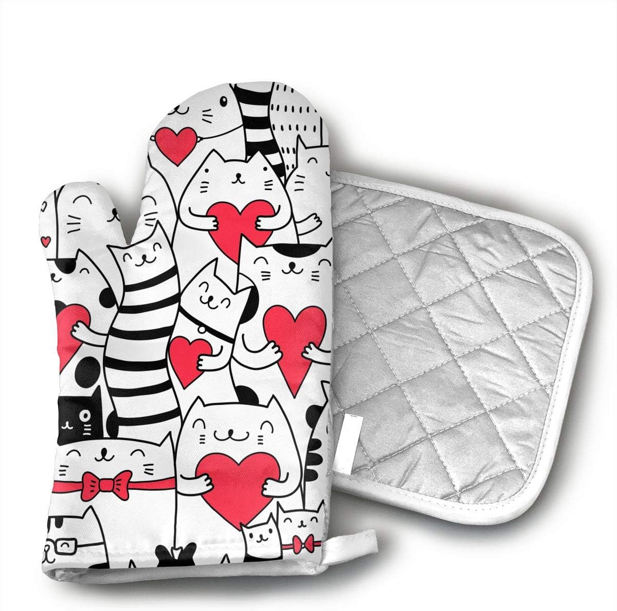 TRENDCAT Cute Cat Family Oven Mitts and Potholders (2-Piece Sets) - Extra Long Professional Heat Resistant Pot Holder & Baking Gloves - Food Safe