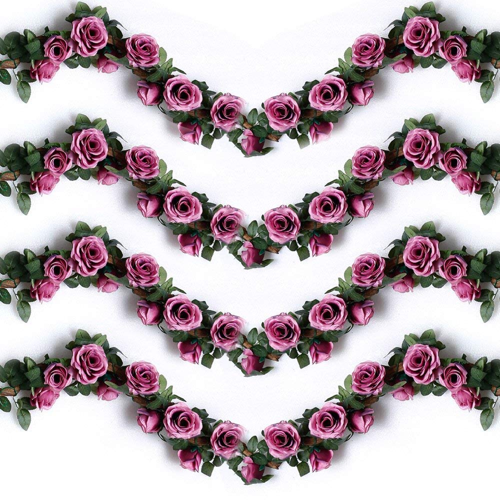 Ruiuzioong Artificial Rose Vines,Fake Rose Garland Silk Flowers Hanging Artificial Plants for Hotel Wedding Home Party Garden Craft Art Arch Arrangement Decoration (Purple Red, 2pcs - 10Flowers) โ image 1