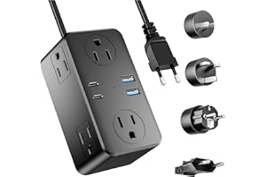 Kakyanill European Travel Plug Adapter, EU/UK/US Travel Plug Adapter Power Strip, 6 AC Outlets, 4 USB Ports (2 USB C), 3ft Wrapped Around Extension Cord, Compact for Travel, Black