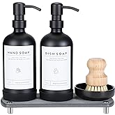 [Luxury] Kitchen Soap Dispenser Set - 16OZ Black Glass Bottle, Stainless Steel Pump, Instant Dry Tray, Waterproof Labels, Non-Slip Silicone Pad, and Dish Brush | Upgrade for Your Kitchen and Bathroom