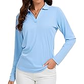 Women's V-Neck Polo Shirts Long Sleeve Quick Dry UPF 50+ Sun Protection Business Casual Collared Tops Trendy Loose