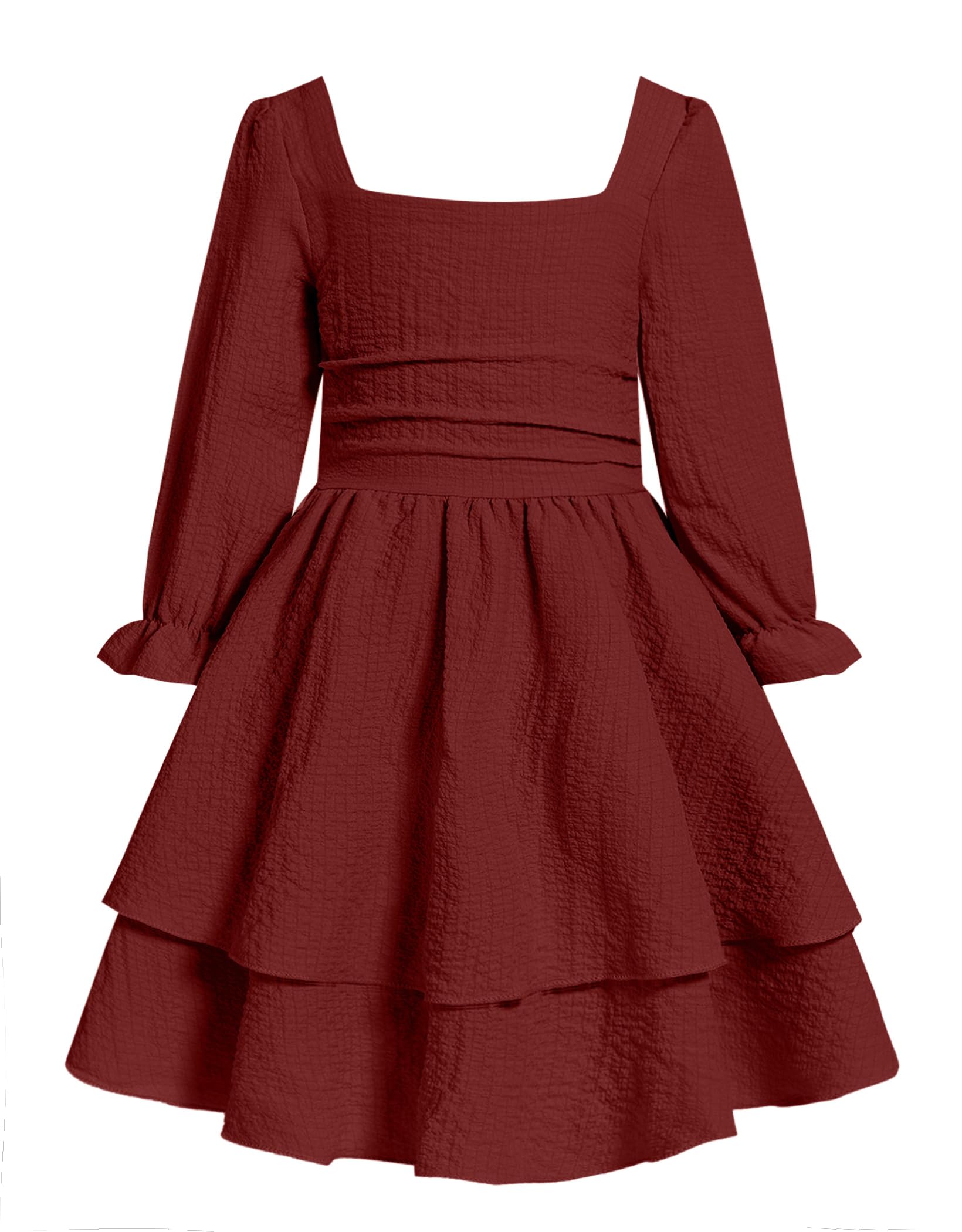JiAmy Girl's Long Sleeve Dress Fall Square Neck Ruched Waist Smocked Back Layer Ruffle Party Dresses Wine Red 13Y