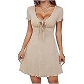 OYOANGLE Women's Short Sleeve Drawstring Front Ruched Short Dress V Neck A Line Tshirt Dresses