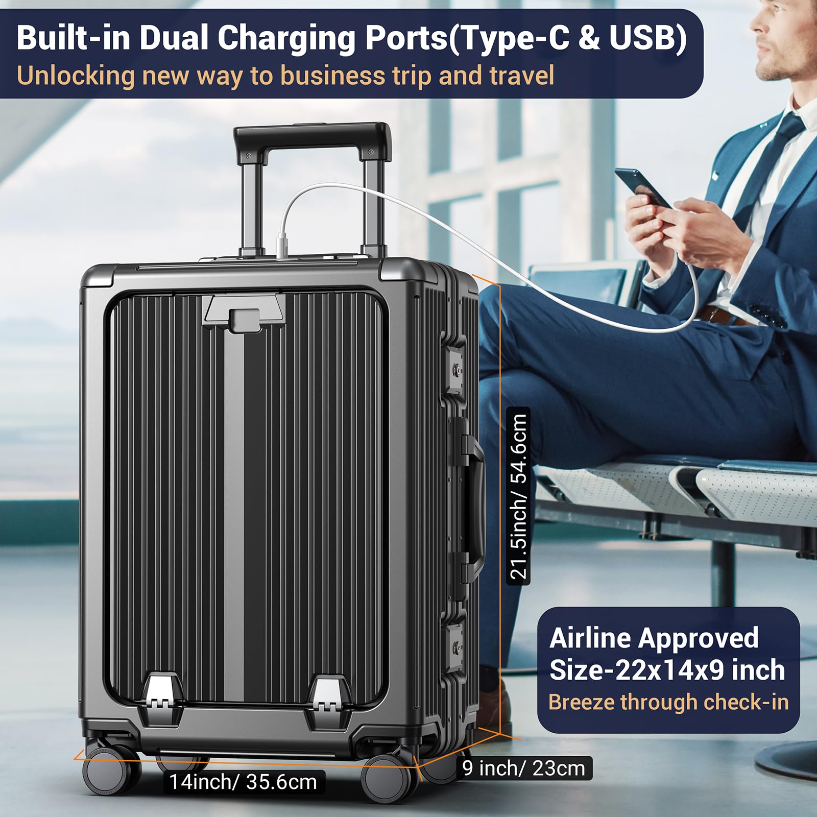 Ladplay Portable Carry on Luggage Airline Approved, Expandable Luggage for Trips, Practical Suitcase with Front Pocket ＆USB Port. (01-Black)
