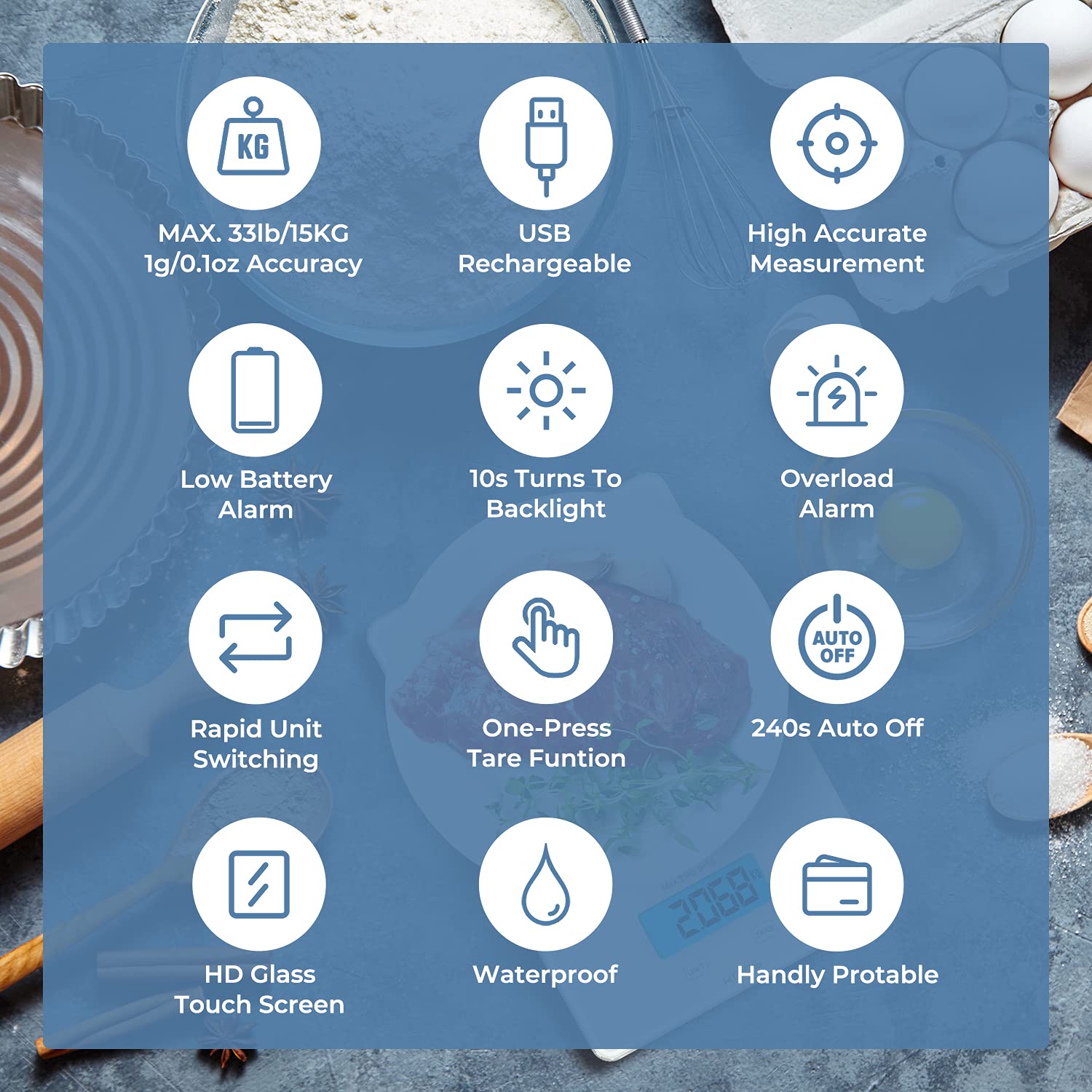 KOIOS Kitchen Scale, 33lb/15kg Digital Food Scales Weight in Grams and Ounces for Cooking Baking, 1g/0.1oz Precise Graduation, Batteries and Type-C Charging, Tare Function, LCD Display, White