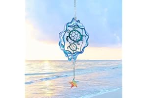 BUARO8AGA Sea Turtle Hanging Wind Spinners - 12 Inch 3D Kinetic Outdoor Large Metal Wind Spinner Blue Wave and Turtle Pattern with Starfish Pendant for Yard and Garden Decoration Laser Cut Sculpture Art