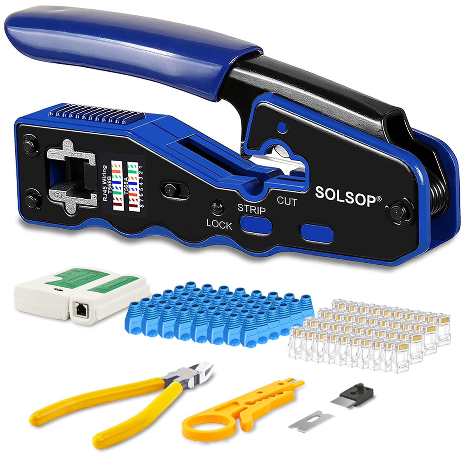 Solsop Network/Phone Cable Tester RJ45 Crimp Tool Pass Through Modular CAT6 Crimping Tool Kit, 50PCS CAT6 Pass Through Connectors, 50PCS RJ45 Boots, Mini Wire Stripper, Wire Cutter Plier — image 1