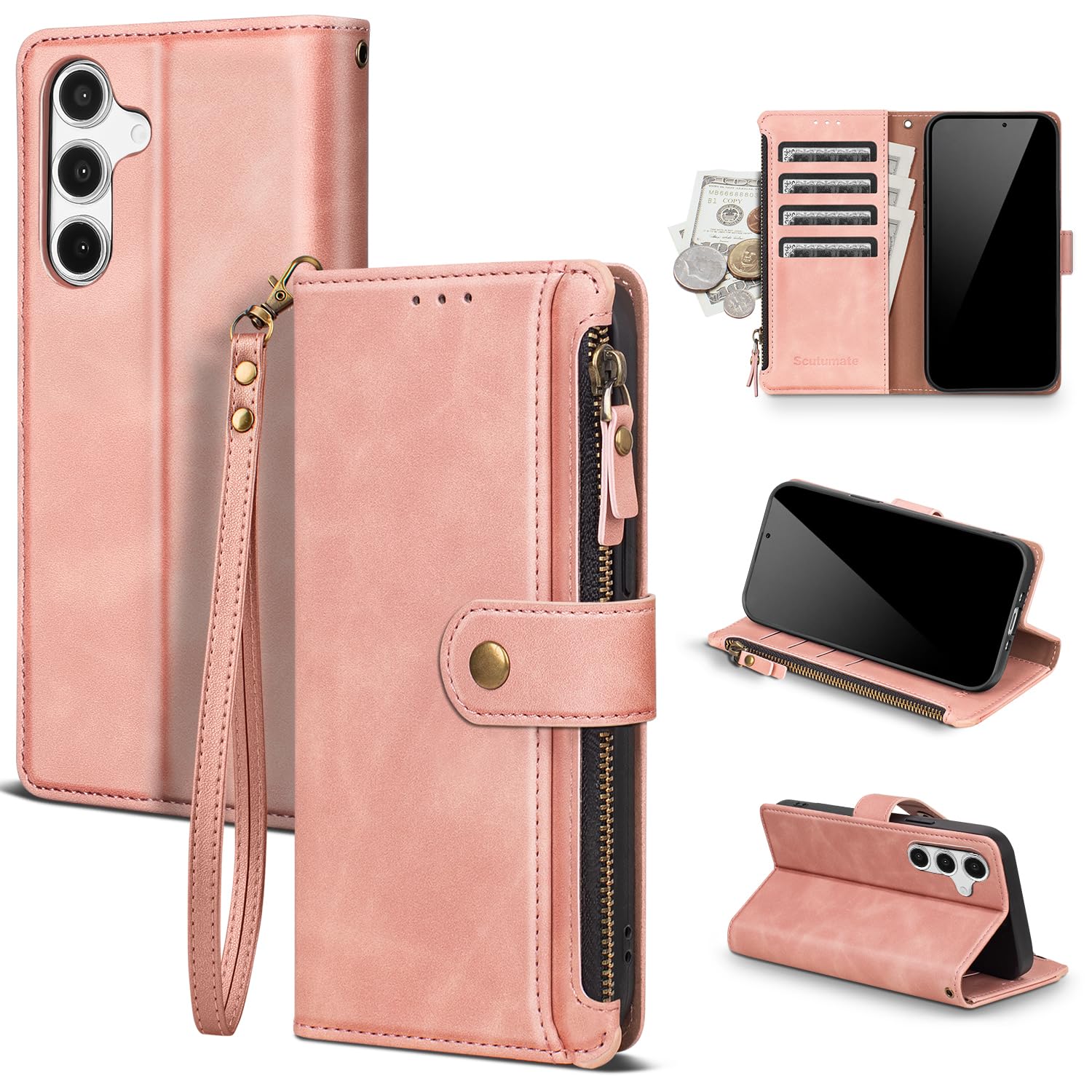 Scutumate Compatible with Samsung Galaxy A16 5G Wallet Case with Card Holder RFID Blocking Zipper Poket PU Leather Phone Case Flip Protective Cover with Wrist Strap Credit Card Slots Men Women,Pink