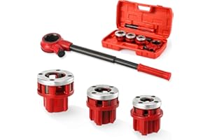 GQGP Pipe Threader Ratchet Kit， Manual Ratcheting Pipe Threading Tool Set with 3 NPT Dies 1/2" NPT, 3/4" NPT, 1" NPT,Portable Cast Iron Pipe Threading Set for Galvanized Aluminum Iron Copper PVC Pipes