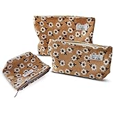 HAPPYHEIDI Floral Makeup Bag Set 3 Cosmetic Toiletry Organizer Zipper Pouch for Purse Tote, Women Girls Gift, Large Medium Small, Kihaki Brown Corduroy