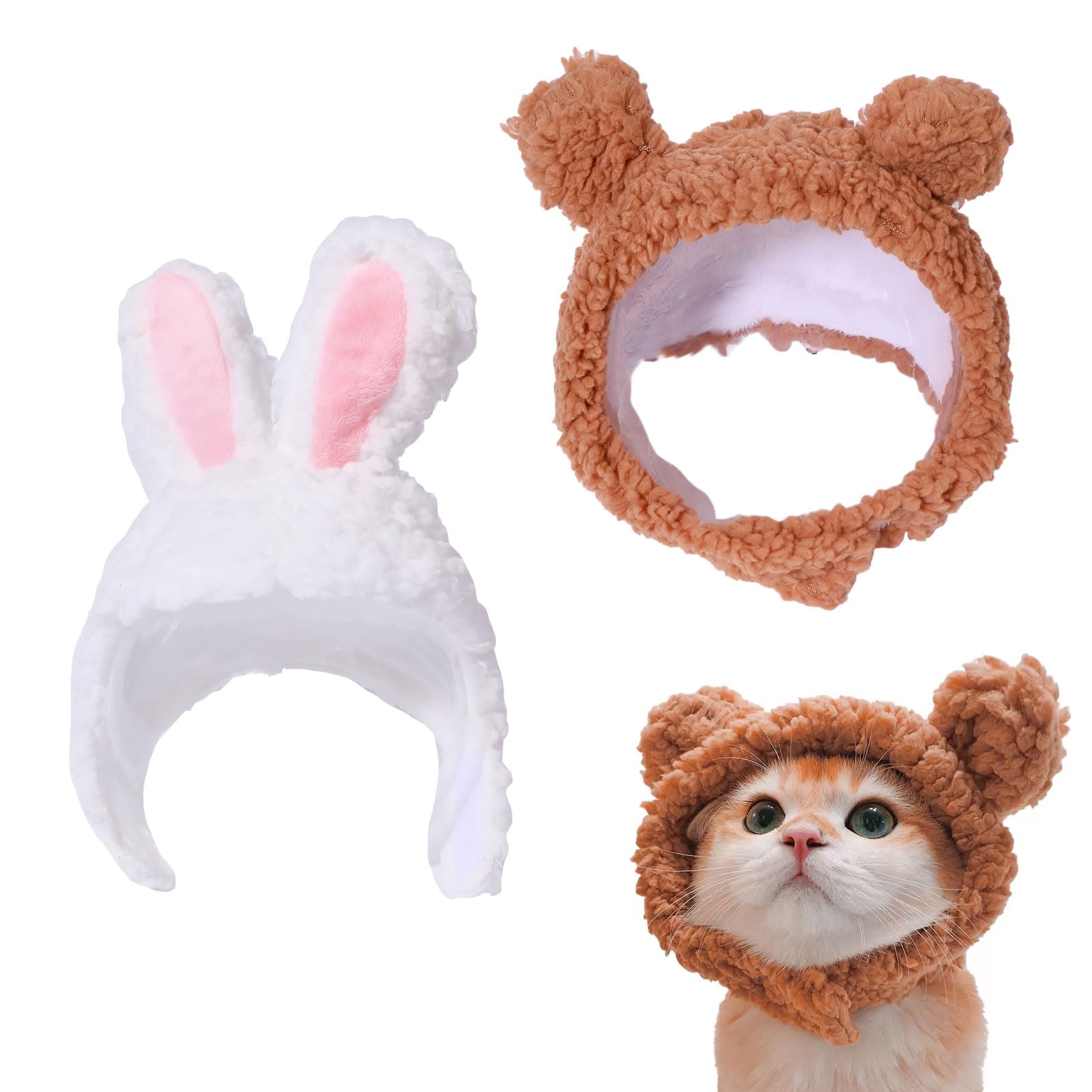 GLOBLELAND 2 Pcs Lambswool Cat Cute Costume Plush Bunny Rabbit Hat for Party Bear Hat Pet Cap Dog Cat Headwear Pet Headband for Party Decoration