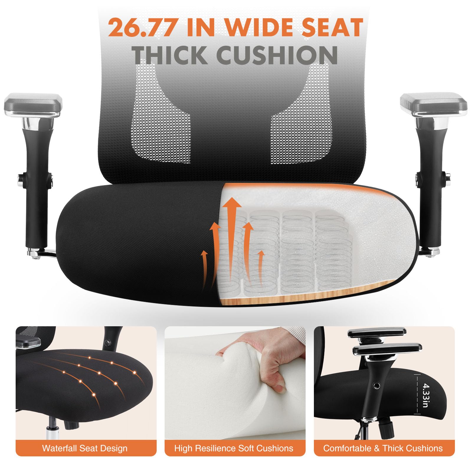 Sweetcrispy Ergonomic 500lbs Wide Heavy Duty Big and Tall Home Office Chair with Adjustable Lumbar Support and Wheels, 3D Armrest, for Adults - Image 2