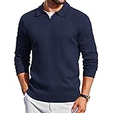 COOFANDY Mens Knit Polos Long Sleeve Casual Sweater Polos V Neck Collared Sweater Golf Polo Sweaters and Pullovers
