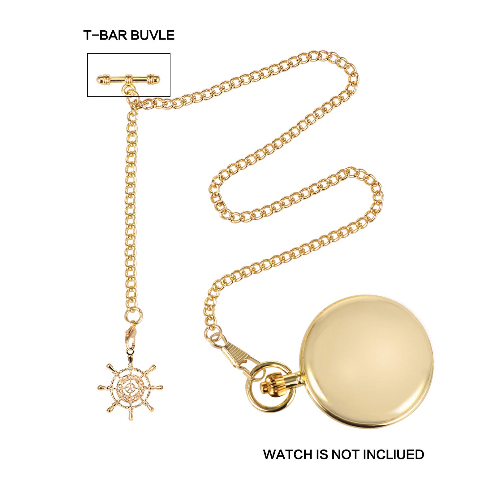 TREEWETO Men's Albert Chain Pocket Watch Curb Link Key Chain 2 Hooks with Antique Rudder Pendant Design Charm Fob T Bar