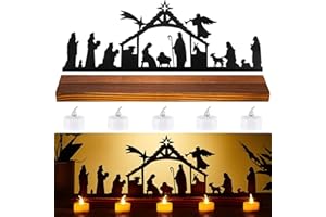 SUCLAIN Large Nativity Sets for Christmas Indoor 18 in Nativity Scene Light Holder Metal Nativity Scene Wood Stand Rustic Wooden Nativity Decoration with 5 Pcs LED Candles Christmas Metal Sign Candle Holders