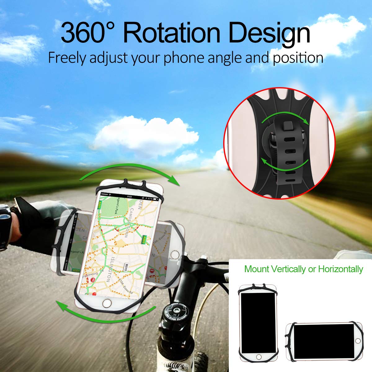 KONCOOL Bike Phone Mount, 360° Rotation Motorcycle Bicycle Handlebar Cradle, Silicone Cell Phone Holder for iPhone Xs Max/XR/8 Plus/7/6S Samsung Galaxy S10+, S10, S10e/S9/S8, Motorola, Nexus, LG