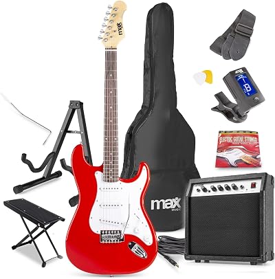 Max GigKit Red Electric Guitar Starter Pack with Amp Stand Lessons
