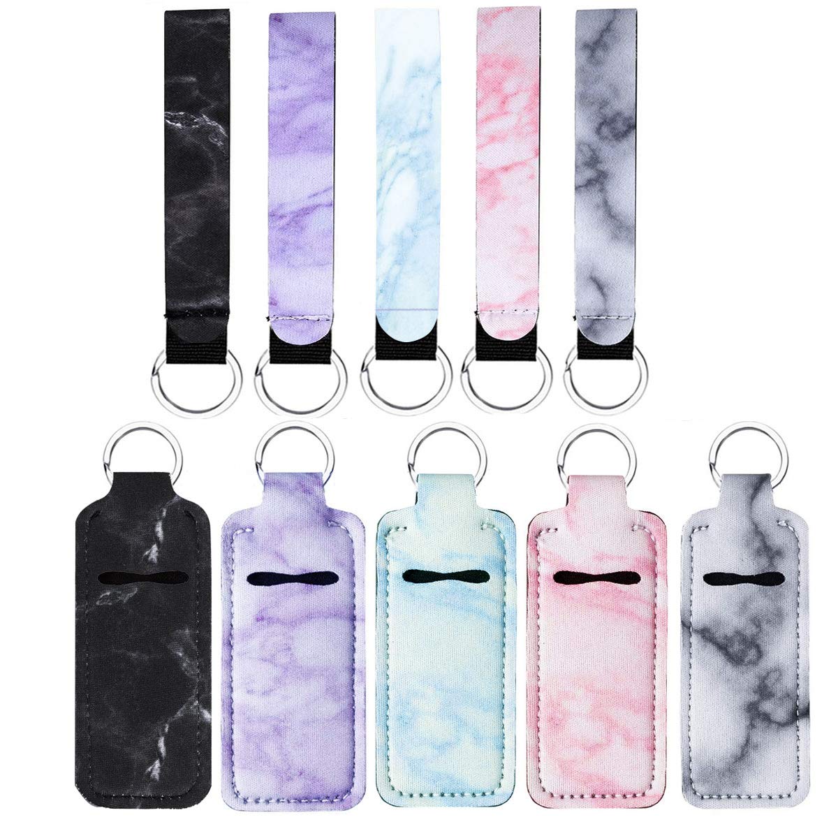 10 Pack Marble Chapstick Holder Keychain Lipstick Holder Keychains Chapstick Keyring Holder and Key Chain Lanyard Wristlet for Chapstick Tracker Safeguard (Marble A)