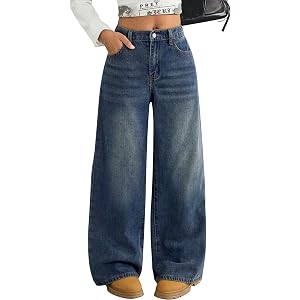 Peakpride Girls Baggy Jeans Wide Straight Leg High Elastic Waisted Denim Pants Fashion Y2k Boyfriend Skater Streetwear