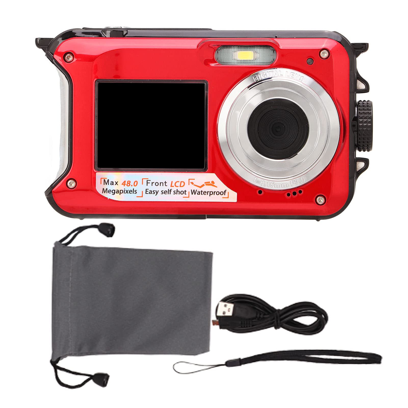 Zunate Waterproof Digital Camera, 10ft Full HD 2.7K 48MP 16X Digital Zoom Selfie Dual Screen Full Color LCD Displays Waterproof Camera for Snorkeling, Surfing, Swimming(Red)