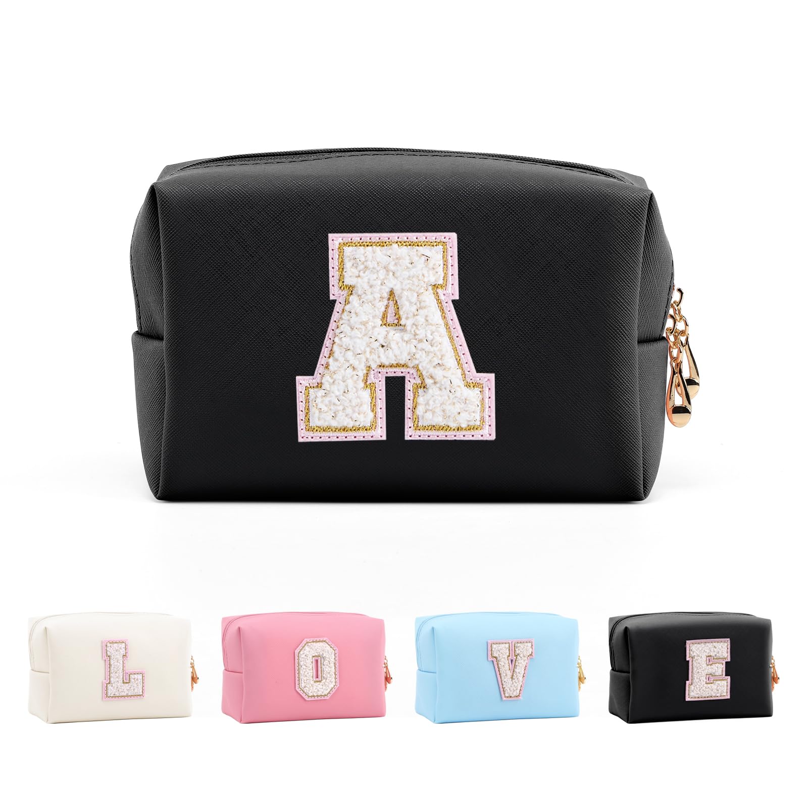 Anntry Small Personalized Initial Letter Makeup Bag, Cute Waterproof PU Leather Chenille Letter Cosmetic Bag Travel Makeup Bag, Preppy Makeup Pouch Toiletry Zipper Pouch Organizer for Women and Girls