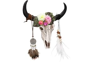 alikiki Floral Cow Skull Wall-Decor –DIY Faux Bull Skull Head Wall Hanging 3D Boho Chic Decor Western Steer Bison Animal Wall Sculpture w/Dreamcatcher Feather for Bedroom Living room