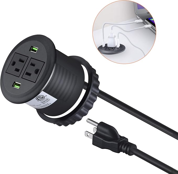 Power Grommet with USB,Desktop Power Data Hub Tap Grommet With 2 AC