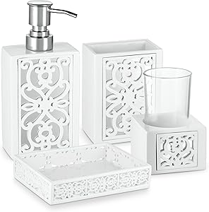 DWELLZA Mirror Janette Bathroom Accessories Set, 4 Piece Bath Ensemble, Bath Set Collection Features Soap Dispenser Pump, Toothbrush Holder, Tumbler, Soap Dish- White