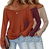 Huukeay 3 Pack Off The Shoulder Boat Neck Tops for Women, Long Sleeve Thumbhole Side Ruched Shirts Loose Causal Tunic Tees