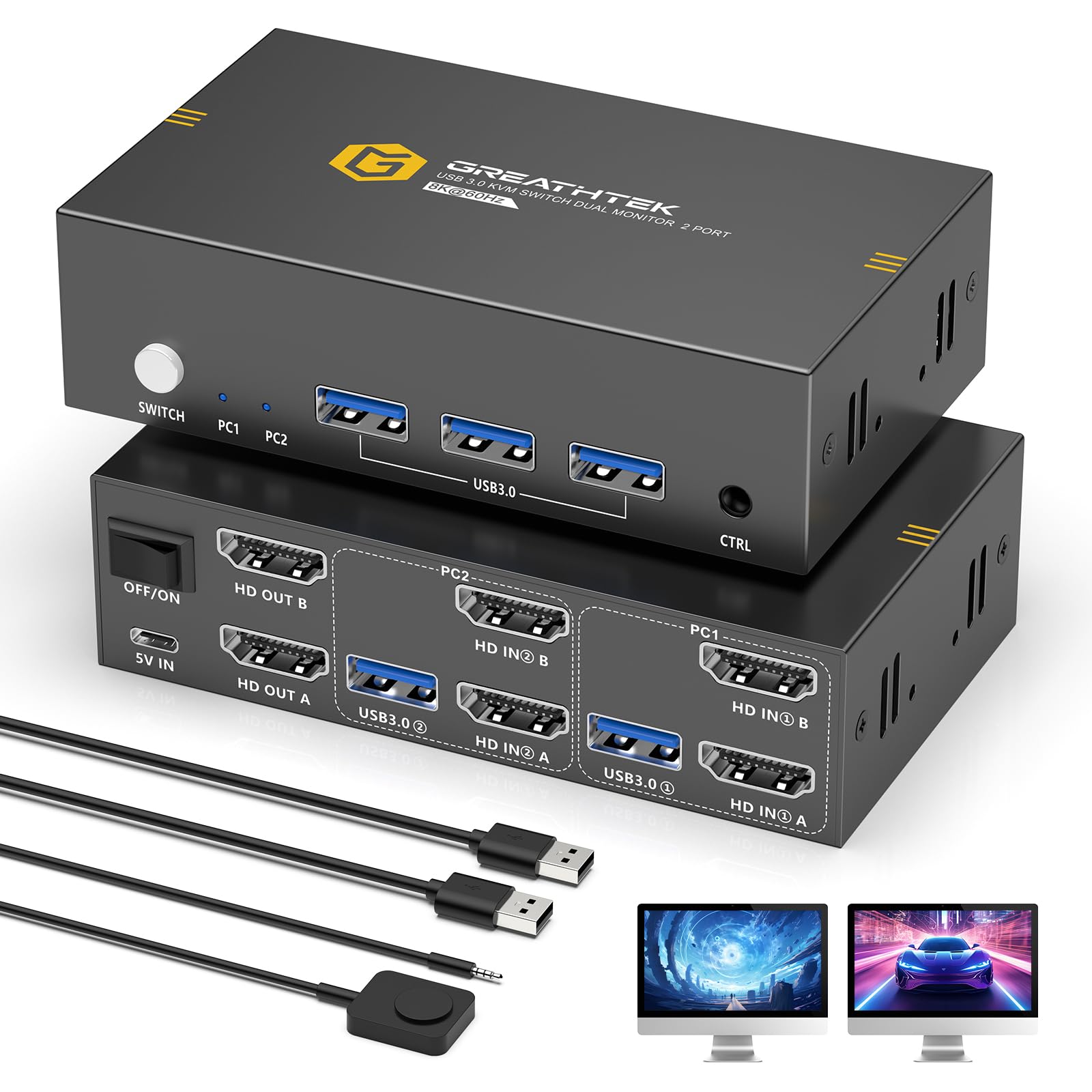 Photo 1 of 8K HDMI KVM Switch 2 Monitors 2 Computers,8K@60HZ USB3.0 Dual Monitors KVM Switches for 2 PC/Laptops Share Mouse Keyboard and 2 Screens,with 2 USB Cables/Controller,EDID Adapative,Plug&Play