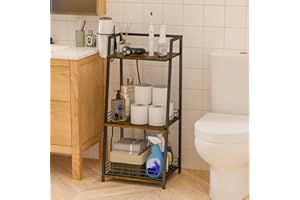 keomaisyto 3-Tier Bathroom Shelves with Power Strips, Ladder Shelf for Storage, Rustic Bathroom Stand Organizer, Display Nightstand with Space-Saving Design, Stylish Storage Solution for Home