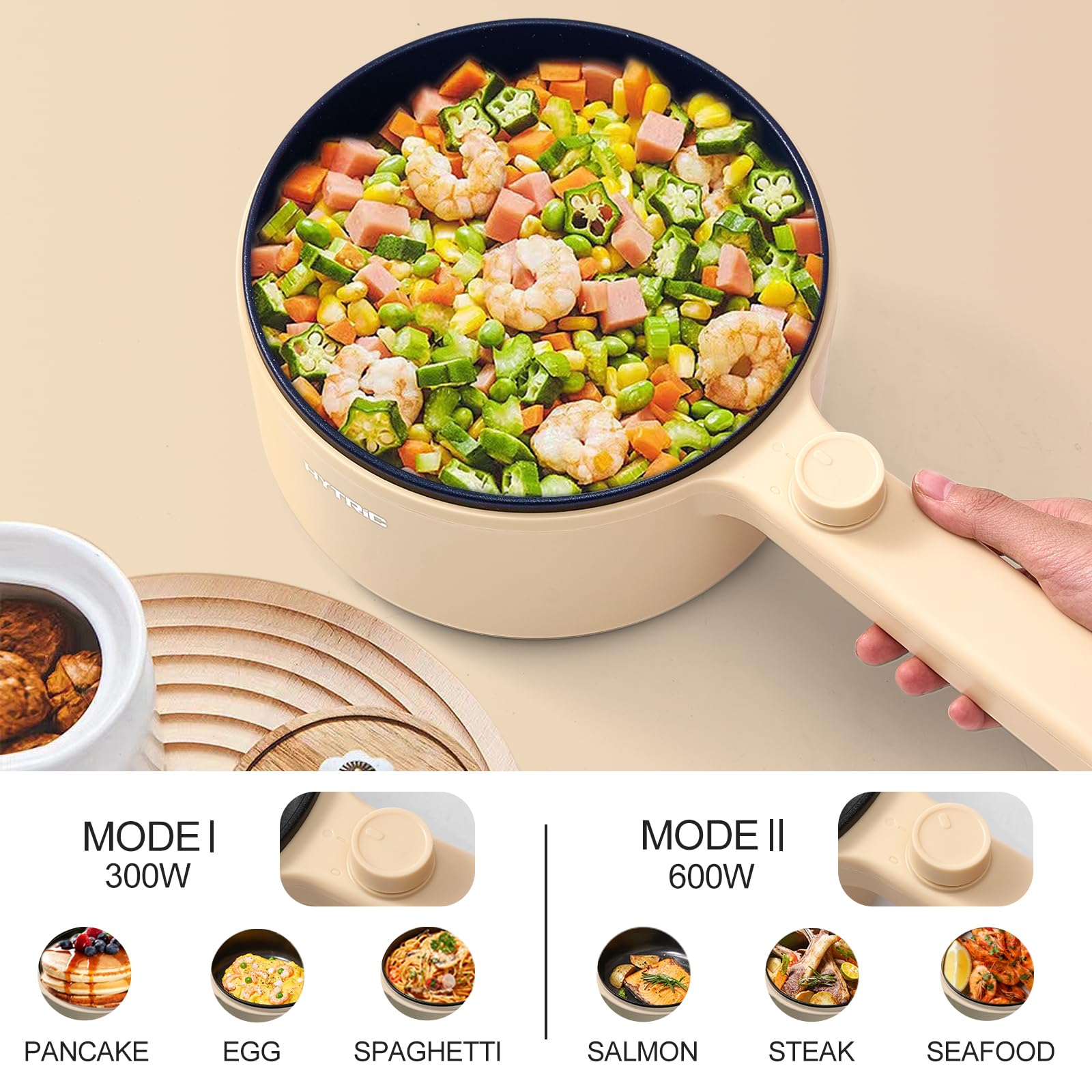 HYTRIC Hot Pot Electric, 1.5L Portable Non-stick Frying Pan, Electric Cooker for Steak, Egg, Pasta, Ramen Cooker with Dual Power Control, Mini Electric Pot for Office, Dorm Room Essential, Yellow
