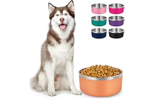 LIHONG Stainless Steel Dog Bowls for Large Dogs,Dog Food Water Bowls with Non Slip Rubber Bottom,Pet Feeding Bowl,Double Wall Insulated,Rustproof(64oz,Orange)