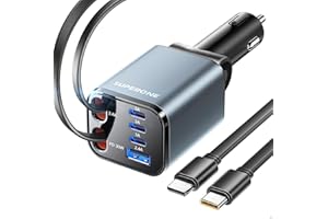 Upgraded SUPERONE Retractable Car Charger, [Ultra-Compact] 6-Port Car Charger USB C, iPhone Car Chargers Fast Charging with USB C & Apple Cable, Car Accessories Adapter for iPhone 17/16/15/14/13/12