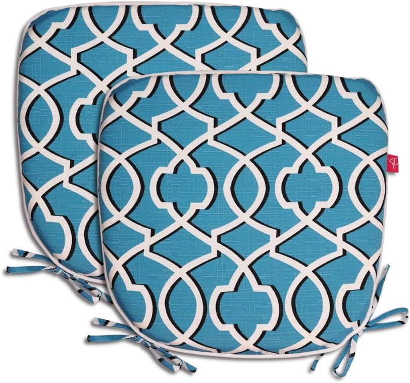 PacifiCasual Indoor/Outdoor All Weather Chair Pads 16" X 15" Seat Cushions Garden Patio Home Chair Cushions, Set of 2, Blue and White