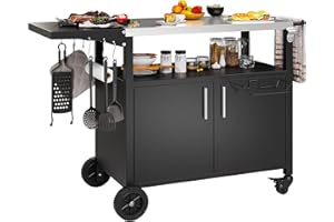 Shintenchi Outdoor Grill Cart Table with Stainless Steel Top for Kitchen Prep and BBQ, Outdoor Kitchen Island Table with Side Handle, Multifunctional Outdoor Grill Table, Black