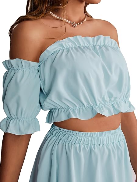 LYANER WOMEN’S TWO PIECES OUTFITS OFF SHOULDER CROP TOP AND HIGH LOW SKIRT SETS LIGHT BLUE# X-LARGE