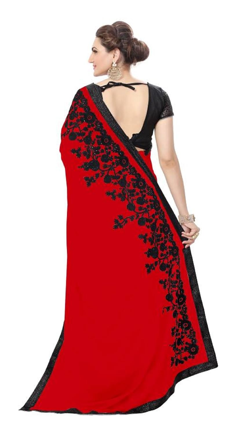 vrundavanethics women's georgette saree (red and black)