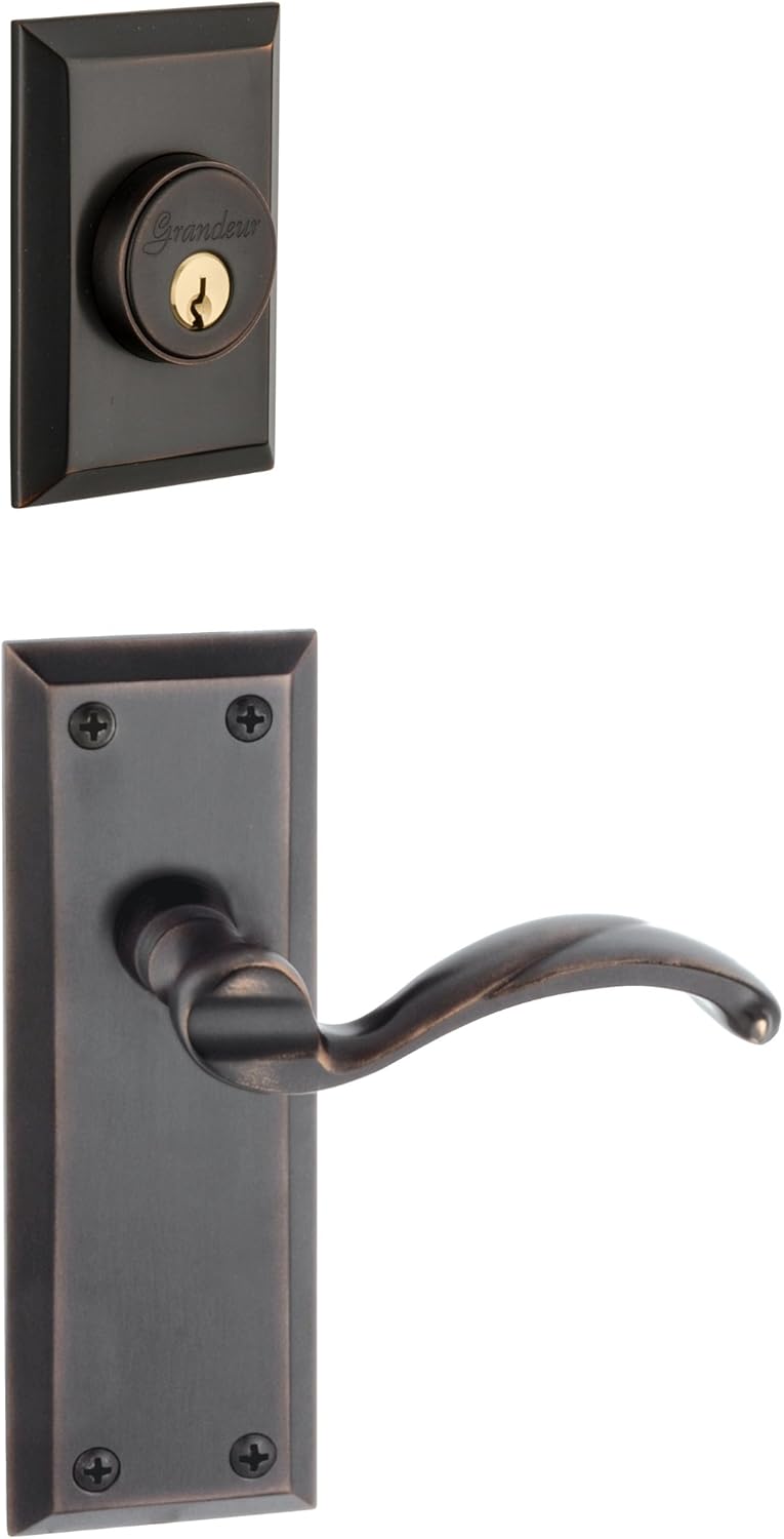 Grandeur Fifth Avenue Plate with Portofino Lever and Matching Deadbolt in Timeless Bronze Single Cylinder Combo Pack