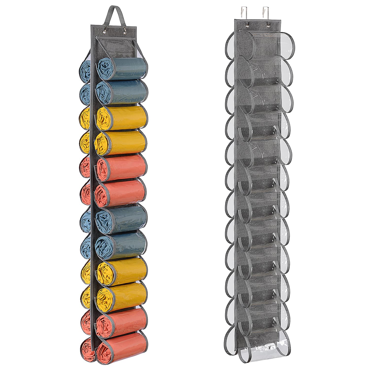 Lirex Hanging Yoga Legging Storage Organizer with 24 Pockets, Foldable Oxford Cloth Hanging Closet Organizer Shirts Jeans Storage Hanger Socks Holder for Family Closet Bedroom, Grey