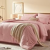 Laojin Balhen Queen Comforter Set 7 Pieces, Pink Seersucker Bed in a Bag Set Queen Size, All Season Luxury Bedding Sets with Comforter, Sheets, Pillowcase & Sham