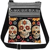 XiaoGalaee Colorful Floral Skull Print Crossbody Bag Mexican Sugar Skull with Floral Day of The Dead Gift Messenger Bag Adjustable Strap Purse for Women Sister Best Friend, Birthday or Holiday Present