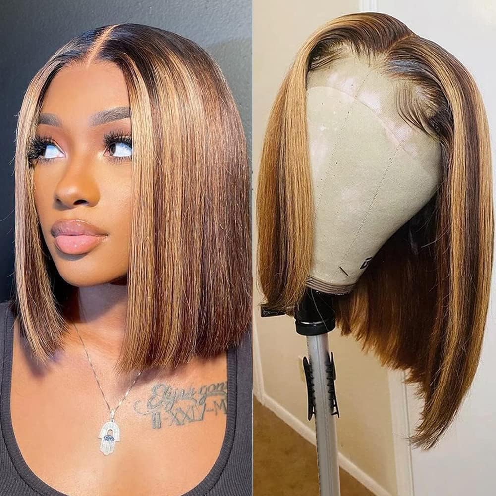 FASHION IDOL Bob Lace Front Wig Human Hair Pre Plucked 10 inches Short Bob Wig for Women Glueless T Part HD Lace Brazilian Virgin Human Hair Highlight