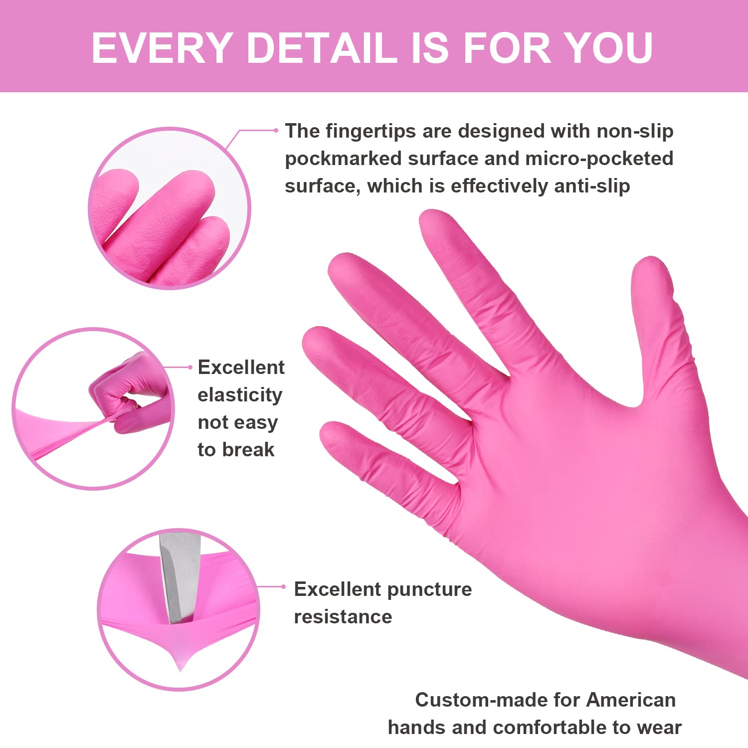 FINITEX Pink Nitrile Disposable Latex-Free Gloves - 3.5mil 100PCS Powder-Free Latex Free Cleaning Medical Exam Food Gloves