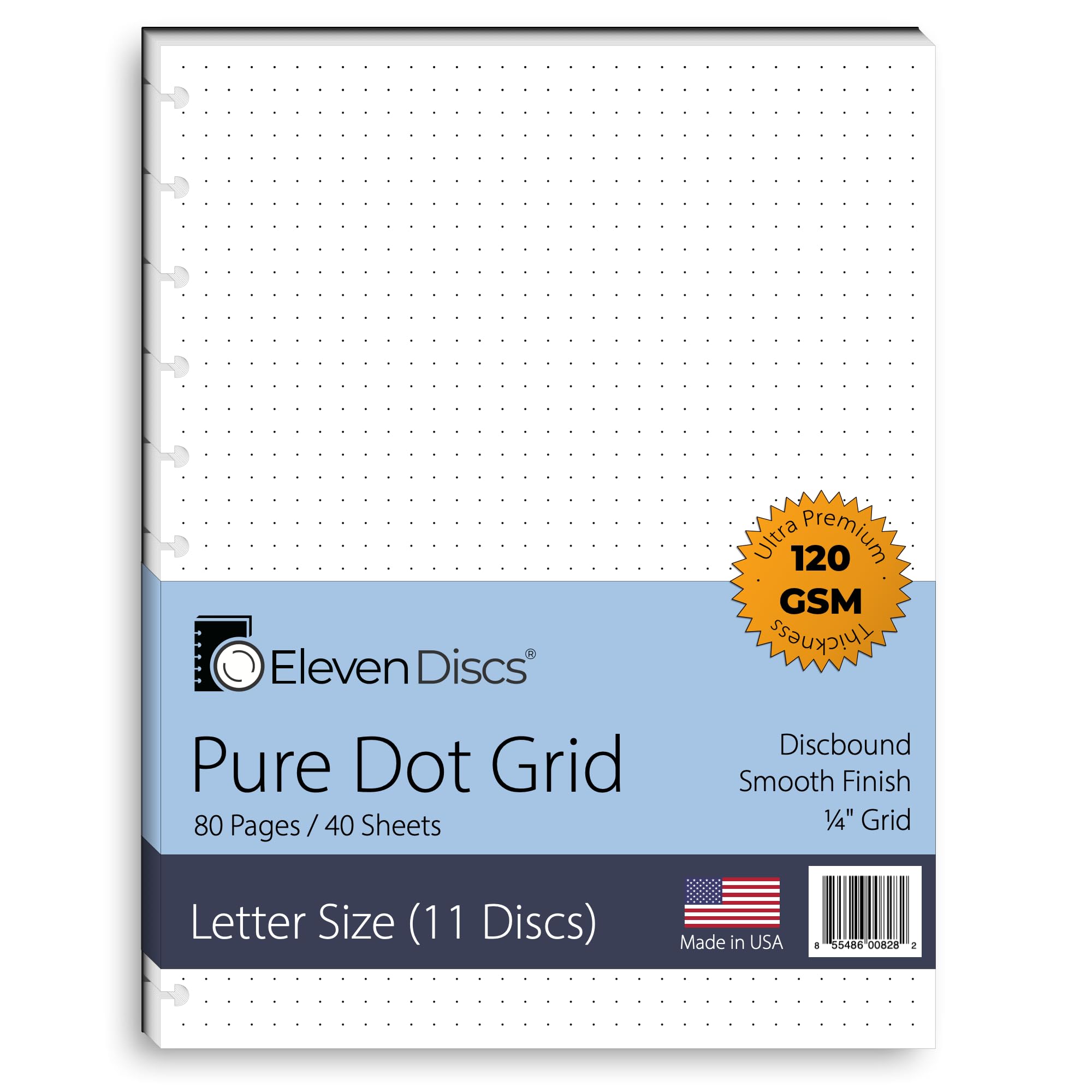 Eleven Discs Discbound Paper, Letter Size Pure Dot Grid Sheets - Premium 120gsm Heavyweight Notebook & Planner Refills - 11 Discs, 8.5 x 11 in - Punched for Circa, Arc, TUL (40 Sheets)