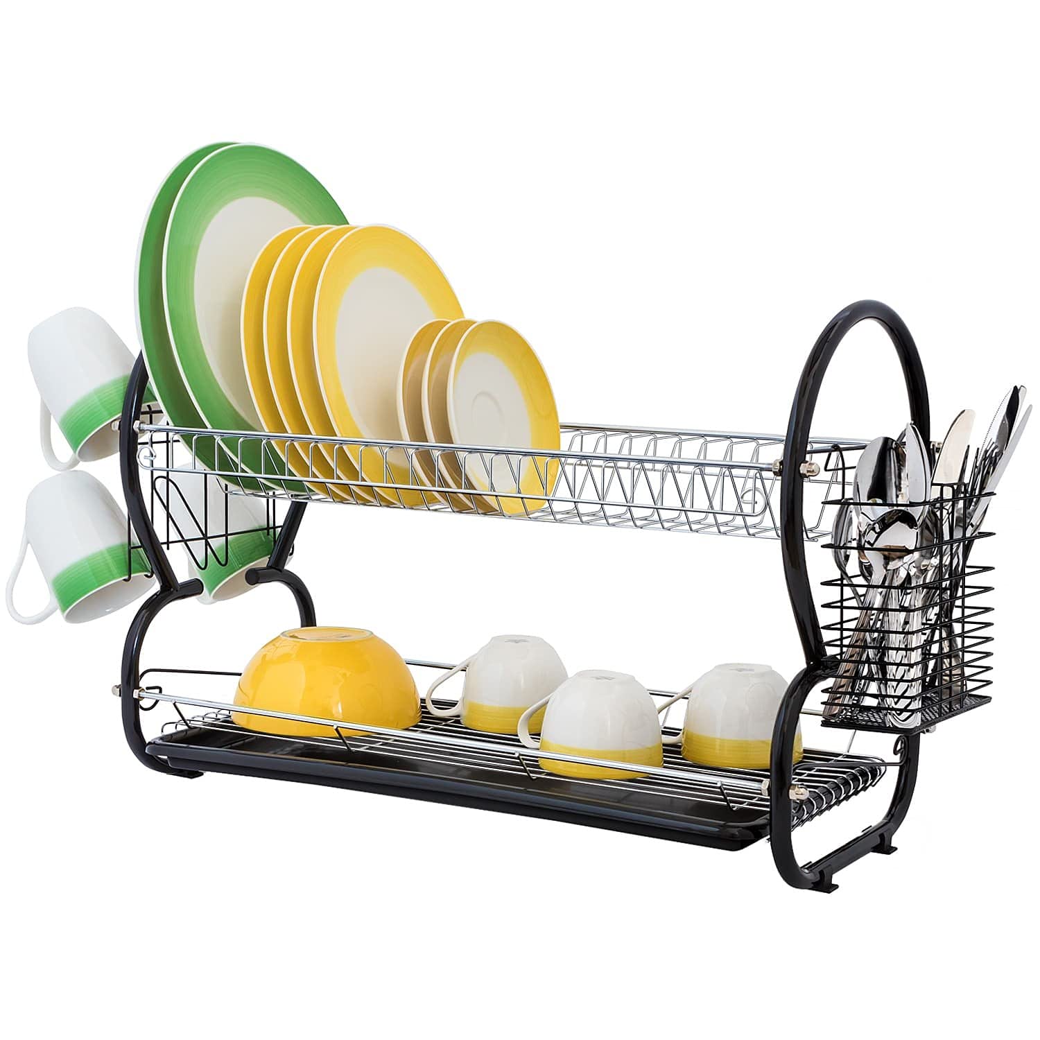 art moon Desert Large Chrome Plated Steel 2-Tier Dish Drainer with Mugs and Cutlery Holder 67.5x38.5x25cm