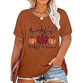 Plus Size Thanksgiving T-Shirt Women Thankful Greatful Blessed Shirt Cute Plaid Pumpkin Graphic Tees Casual Fall Tops
