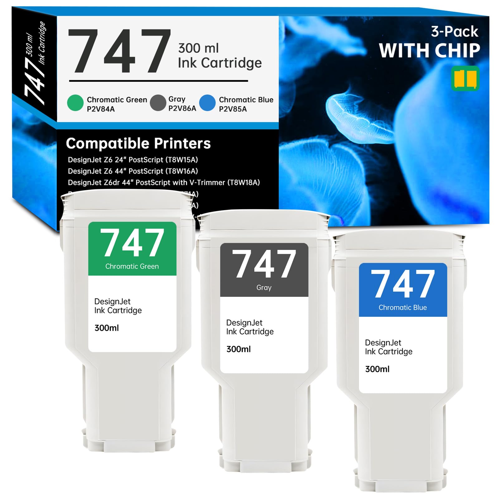 Photo 1 of 747 Ink Cartridge 300ml with New Chip Replacement for HP 747 747XL P2V84A P2V85A P2V86A Ink Cartridge for DesignJet Z6 Z9+ Large Format Printers, 3 Pack 747 Ink (Gray/Chromatic Green/Chromatic Blue)